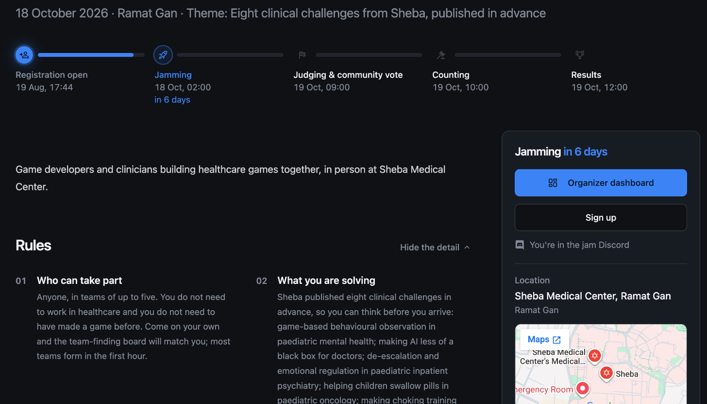 The organizer dashboard as the first button on a jam page